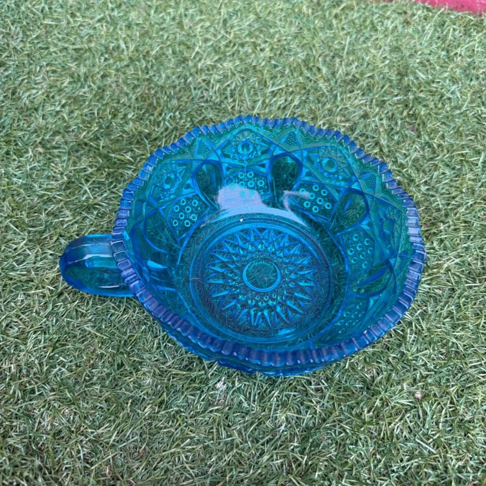 Vtg L.E.‎ Smith Heritage Aqua Blue Glass Handled Nappy Bowl